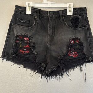 Blank NYC Women's 28 Pin Up High Rise Black Denim Shorts Embroidered Floral